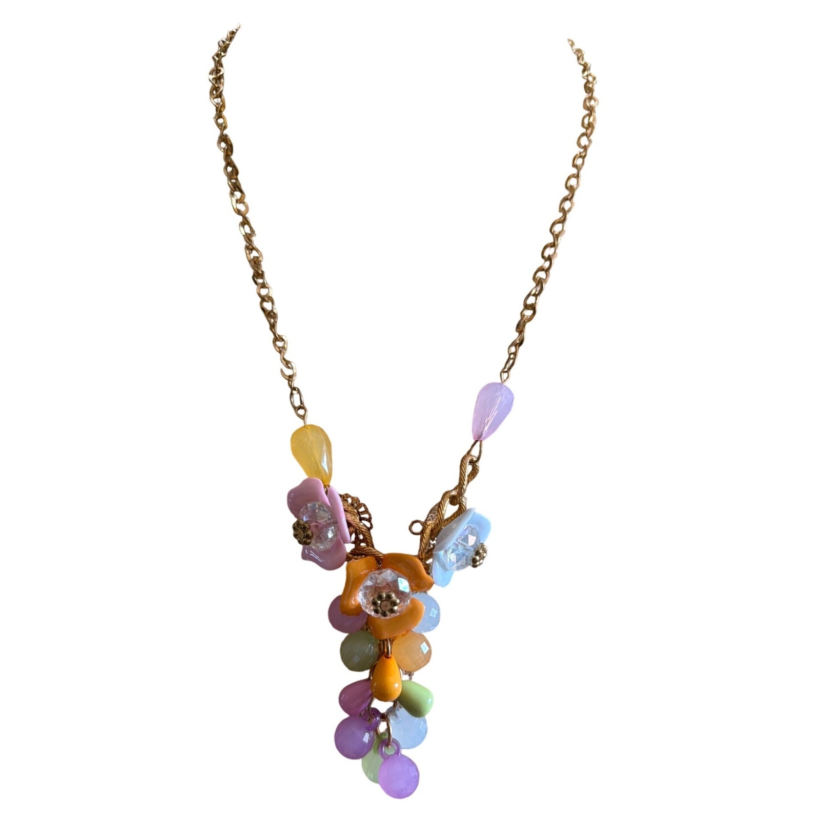 Pastel Floral Cluster Statement Necklace Gold Tone Resin Whimsical Cottagecore